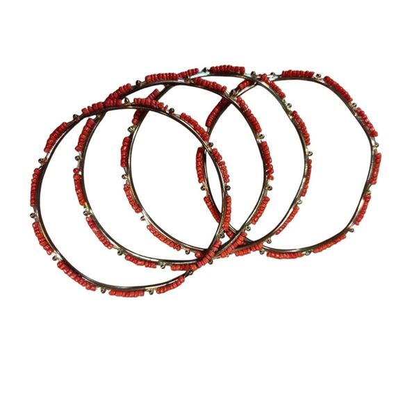 Orange Beaded Bangle Bracelets Set of 4 Bohemian Hippie Fall Casual - Picture 1 of 5